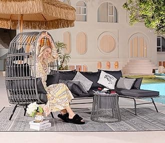 BULEXYARD 4 Piece Boho Outdoor Patio Furniture Sets with Egg Chair and Ice Bucket, Small L Shape Wicker Conversation Sectional Sofa Set for Backyard, Porch, Deck (Dark Grey)