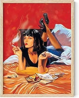 HAUS AND HUES Pulp Fiction Poster for 90s Room Aesthetic - Quentin Tarantino Movie Art Print | Noir Film Merchandise (Beige Framed, 12x16)