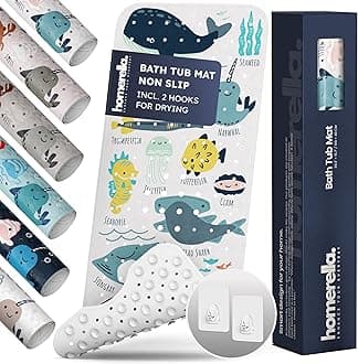 Bath Tub Mat Non Slip Anti Mold for Kids BPA Free INCL Hooks - homerella® Ocean Sea Animals 40x16, Baby Bath Mat Non Slip 200 Suction Cups, Non Toxic Machine Washable Toddler Bath Mat, EU Certified