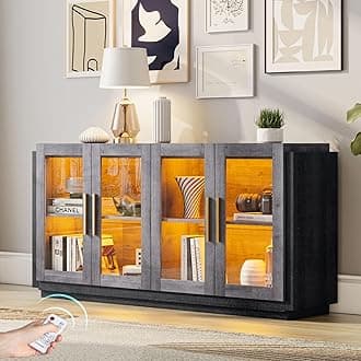 AMERLIFE Sideboard Buffet Cabinet with LED Lights, Mixed Color Accent Cabinet with Glass Doors and Adjustable Shelf, Hallway Storage Cabinets Console Table for Living Room, Dining Room, Black and Gray