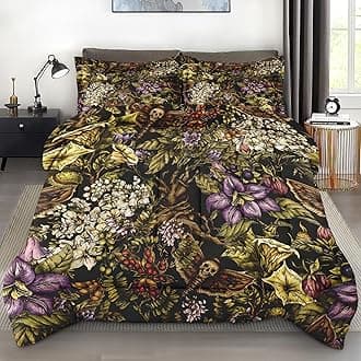 Comforter Set Queen Size, Flower Plants Vintage Moth Soft 3 Pcs Bedding for Kids and Adults, Skull Witch Comforter Set with 2 Pillowcases, for Bedroom Bed Decor