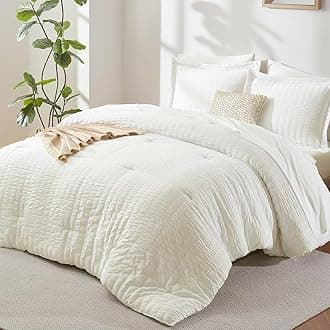 CozyLux Full Size Comforter Sets with Sheets 7 Pieces, Ivory Seersucker Bed in a Bag Textured Luxury Soft Bedding Sets with Down Alternative Comforter, Sheets, Pillowcases & Shams for All Season