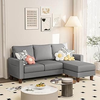 JUMMICO Couch for Small Living Room, 73" Small Sofa with Reversible Ottoman, 3 Seat L-Shaped Sofas, Comfy Couches for Apartment (Linen Fabric, Light Grey)