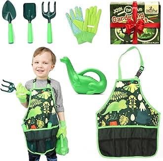 Kids Gardening Set – Gardening Tools for Kids with Watering Can, Shovels, Rake, Gloves & Apron – Planting Outdoor Activity Garden Toy Set for Girls & Boys Ages 3-7 (Dinosaur)