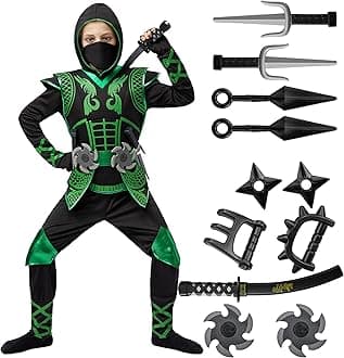 Green Ninja Costume Set, Ninja Jumpsuit with Foam Accessories for Kids, Toddler Halloween Outfit for Ideas Cosplay Party (S, 5-7 yrs)