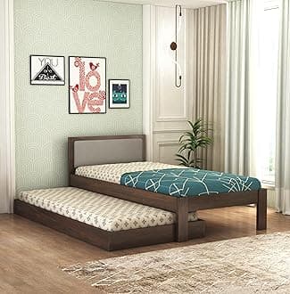Wooden Single Trundle Bed | Single Bed with 1 Extra Pullout Bed | Wooden Single Bed Cot Palang with Upholstered Headboard for Bedroom, Living Room & Home, Solid Sheesham Wood, Walnut Finish