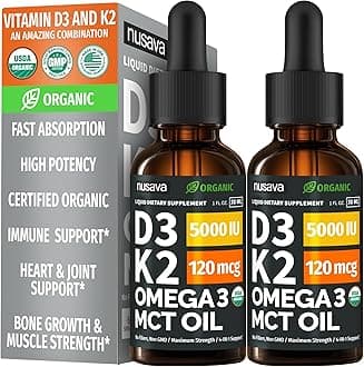 (2 Pack) Organic Vitamin D3 K2 Drops with MCT Oil Omega 3, 5000 IU, Maximum Strength Vitamin D Liquid, No Fillers, Non-GMO Liquid D3 for Faster Absorption and Immune Support (Unflavored, 2 Fl Oz)