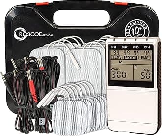 Roscoe Medical TENS Unit and EMS Muscle Stimulator – 16 Electrodes Included, 4-Channel OTC TENS Machine for Back Pain Relief, Lower Back Pain Relief, Neck Pain, Includes Case