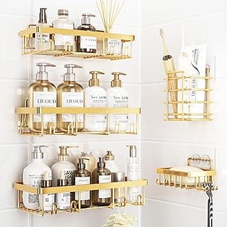 Liuoud 5 Pack Shower Caddy Organizer Rack Shelf for Inside Shower, Self Adhesive Wall Storage Basket Rustproof Stainless Steel Shampoo Holder Bathroom Accessory Decor Set, Gold