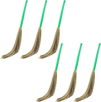 Zureni ZN-BR-06 Sphere Floor Broom with Natural Soft No Dust Grass Long Stick Jhadu for Home Pantry Office Cleaning (6 Pcs, Random Colours)