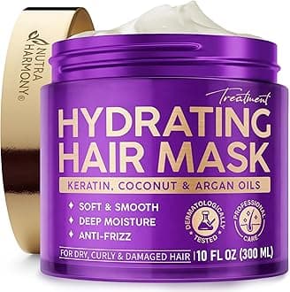 Hydrating Hair Mask - Deep Conditioning Treatment for Dry, Frizzy & Damaged Hair - Keratin Mask with Coconut & Argan Oils, Collagen & Wheat Protein - Smooths, Softens & Controls Frizz, Curl-Safe, 10oz