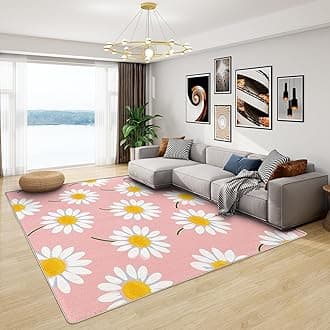 Daisy Rug Nursery - Kids Daisy Rug, Girls Pink Flower Rugs for Living Room Bedroom, Washable Non Slip Soft Large Carpet, Patterned Area Rugs & Home Decor 100x150 cm