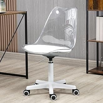 Acrylic Clear Desk Chair, Modern Small Cute Armless Vanity Rolling Plastic Chair Home Office Lucite Ghost Chairs Cushion Padded with White Legs and Wheels, Clear