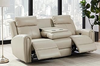 THSUPER Power Top Grain Genuine Leather Reclining Sofa, Real Recliner Couch with USB Port/Drop Down Table and Ergonomic High Backrest for Living Room, Beige