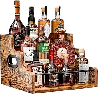 KLM Liquor Bottle Display Shelf, Coffee Syrup Rack Organizer, 3 Step Countertop Wine Rack, Mini Bar, Retro Bar Shelf Stand for Whiskey, Spirits