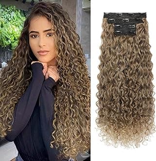 LONAI 4PC Clip in Hair Extensions, 100％ Pure Protein Silk Curly Hair Extension for Women, 26 Inch Long Soft Natural Hair Extensions-Dark Blonde to Light Brown