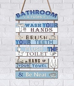 KAIRNE Bathroom Decorations,Blue Bathroom Rules Wooden Sign for Toilet,Wash Your Hands Brush Your Teeth Rustic Hanging Wood Plauqe