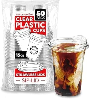 16 oz Clear Plastic Cups with Lids Disposable, Togo Drinking Cup with Strawless Sip Lid for Smoothie, Cold Brew Iced Coffee, Lemonade, Ice Latte, Boba, Party Drinks, Bulk, 16 Ounce (Set of 50)