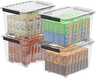 Cetomo 55L*4 Plastic Storage box, Tote box,Organizing Container with Durable Lid and Secure Latching Buckles, Stackable and Nestable, 4Pack, transptransparent with Black Buckle