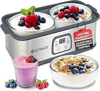 Ultimate Probiotic Yogurt Maker with Adjustable Time & Temperature Control - Make Trillions of Probiotics for Better Gut Health - Two 1-Quart Containers for Larger Batches - ULTIMATE LIFETIME WARRANTY