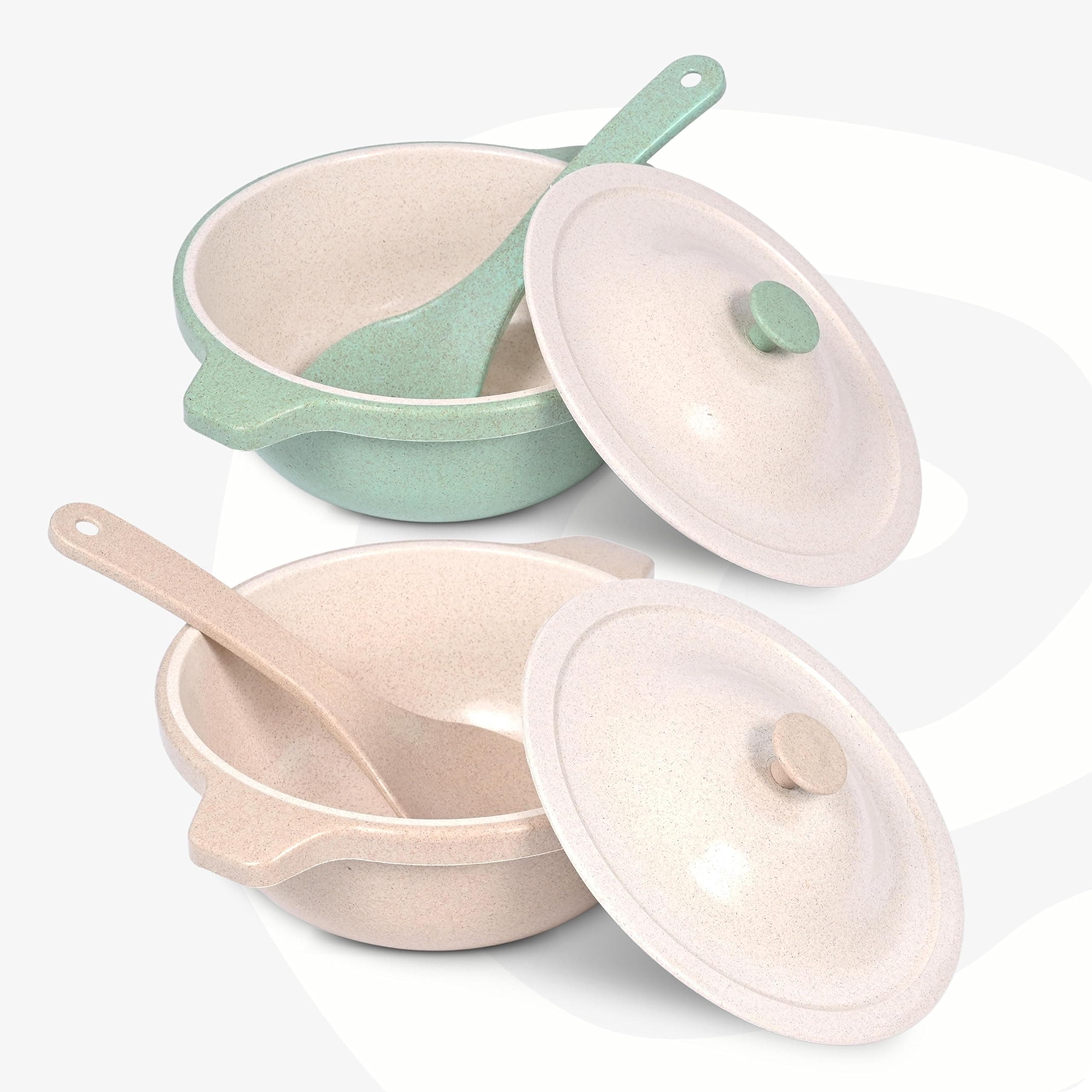 Eha Earth Friendly Serving Bowls with Lid | Microwave Safe | Made with Rice Husk and Bamboo Fibers | 1250 ml Each | Set of 2 | Sand-Celeste| Green Beige
