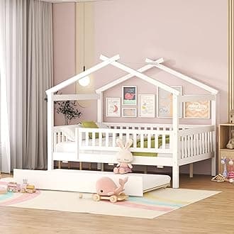 Bellemave Full Size House Bed with Fence and Trundle, Wooden Kids Montessori Bed Frame with Railings for Girls Boys (White-Full/Trundle)