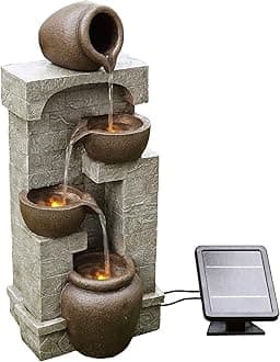 Teamson Home Solar Powered Water Feature, Indoor or Outdoor Garden Water Fountain, 4 Tier Pot, Waterfall with Solar Powered Pump and LED Lights