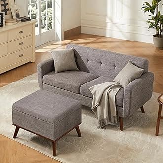 Tbfit 65" W Loveseat Sofa with Ottoman Coffee Table, Mid Century Modern Love Seat Couches for Living Room, Button Tufted Upholstered Small Couch for Bedroom,Easy to Install Love Seats Furniture, Gray