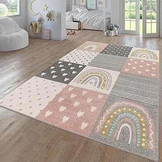 TT Home Nursery Area Rug Kids Rug For Bedroom Girls Boys Modern Rainbow Cloud Rug Animal Motif Colourful, colour:Grey Pink Cream, Size:240x340 cm