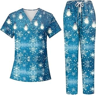 Generic Christmas Scrubs Set for Women Nurse Uniform Top & Pants with Multi Pocket for Nurse Esthetician Workwear