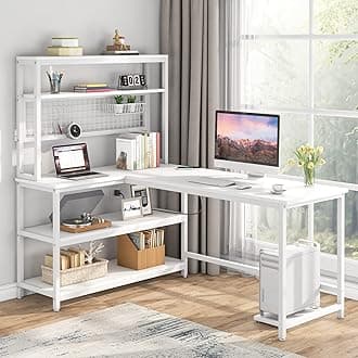 Tribesigns 55" Large Computer Desk with Wireless Charging 5 Storage Shelves, Office Desk Study Table Writing Desk Workstation with Hutch Bookshelf for Home Office (All White)
