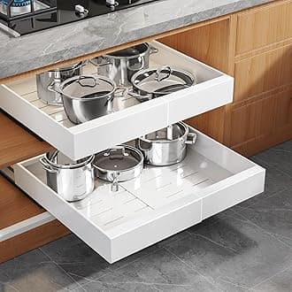 1 Pack Expandable Pull Out Cabinet Organizer 21" Deep with Raising Pad for Framed Cabinets,Upgrade 3 Slide Rails Slide Out Drawers,Roll Out Shelves Adhesive,Adjustable Width 12.05"-20.4"White