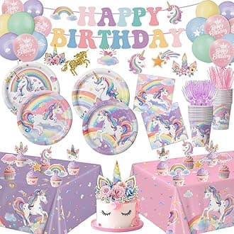 Unicorn Birthday Decorations Includes Plates, Napkins, Cups, Cutlery, Hanging Swirls, Banner, Cake & Cupcake Toppers, Balloons, Tablecloths for Rainbow Girls Birthday Party Decorations, Serve 20