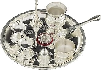 Silver Plated Pooja thali Set 8 Inch Plate Diya Ghanti Kalash Palli Bowl Dhup Dan Ganesh Lakshmi Coin Puja Thali for Diwali Home Mandir Office Festive Wedding Return Gift Items