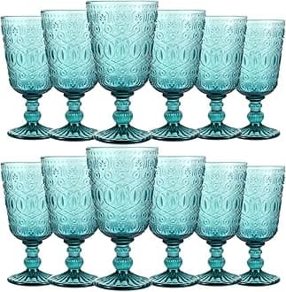 Eaasty Wine Glasses Set of 12 Vintage Goblet 9 oz Vintage Colored Glass Goblet Beverage Stemmed Glass Cups Romantic Embossed Glassware for Wedding Party Holidays Anniversary (Blue)