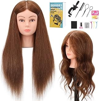 24-26’’ Cosmetology Mannequin Head with 100% Real Human Hair, 100% Human Hair Hairdresser Cosmetology Mannequin Manikin Training Head Hair and Free Clamp Holder
