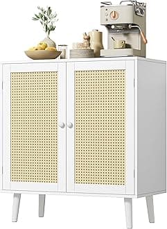 Huuger Buffet Cabinet with Storage, Storage Cabinet with PE Rattan Decor Doors, Solid Wood Feet, for Hallway, Entry, Living Room, White