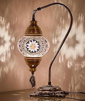 DEMMEX Genuine Turkish Lamp, Made in Turkey, Turkish Moroccan Mosaic Table Bedside Lamp, 100% Handmade, Antique Brass Color Metal Body and Decorative Metal Base, Gooseneck, 15 Inch (Purple Lilac)