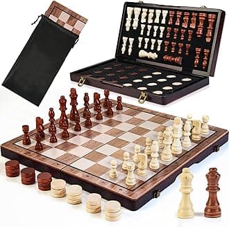 2 in 1 Magnetic Wooden Chess Set & Checkers Board Game, 15’’ Folding Chess Board with Pieces Storage Slots, 2 Extra Queens, Portable Travel Chess Set for Kids Adults Beginner Age 3+