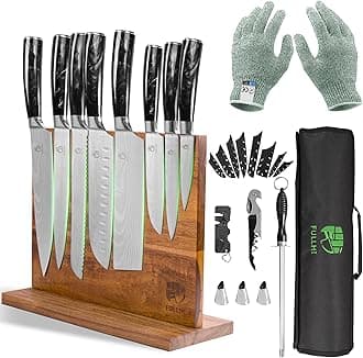 FULLHI 15pcs Japanese Knife Set with Magnetic Knife Block Holder, Japan Stainless Steel Blades, Black Resin Ergonomic Handles for Professional and Home Cooking