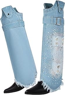 Reitoye Cowboy Boots for Women Embroidery Western Cowgirl Knee High Chunky Heel Boots with Pull-Up Tabs