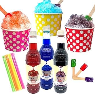 Concession Essentials 115 Piece Snow Cone/Shaved Ice Kit with 75 Ounces of Syrup, Cups, Neon Straws and Bonus Candy Spoons