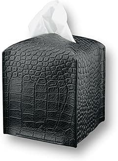 Premium PU Leather Tissue Box Holder–Modern Cover for Home, Office, Car–Stylish Cube Organizer for Standard Kleenex Tissues – Durable, Easy Refill, Crocodile Design (Black)