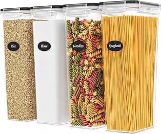 DWËLLZA KITCHEN Pasta Storage Containers for Pantry Airtight - 4 Pc Spaghetti Container Storage - Ideal for Spaghetti & Noodles, Kitchen Pantry Organization and Storage - Keeps Food Fresh & Dry