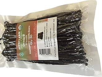 50 Madagascar Organic Vanilla Beans Grade B. Certified USDA Organic. 5"-7" by FITNCLEAN VANILLA for extract, Cooking and Baking. Whole NON-GMO Bourbon Pods