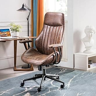 ovios Executive Office Chair, Mid-Century Modern Faux Suede Leather Ergonomic Chairs Deep Seat Padded Armrests, Comfy High Back Luxury Computer Swivel Rolling Armchair, Dark Brown