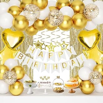 Gold Birthday Decorations, White and Gold Balloons Party Decorations Set, Golden Happy Birthday Banner Fringe Curtain Party Decorations for Kids Women Men Girls Golden Birthdays Party Supplies