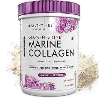 HealthyHey Marine Collagen Powder - Hydrolyzed Fish Collagen Peptides | Type 1 & 3 Collagen Supplement with Hyaluronic Acid | For Skin, Hair, Nails (Unflavoured, 200,g)