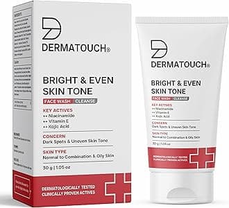 DERMATOUCH Bright & Even Tone Face Wash with Niacinamide Vitamin E and Kojic Acid | Daily Gentle Face Wash For Tan, Pigmentation, Uneven Tone - 30G