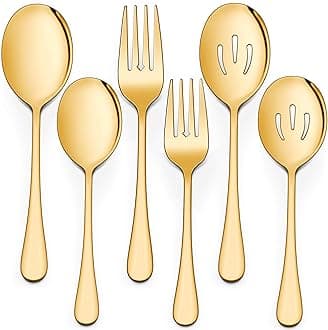 6 Pack Gold Serving Spoons and Forks Set, 8 3/4 Inch Stainless Steel Buffet Catering Party Banquet Serving Spoon Fork Set, Dishwasher Safe